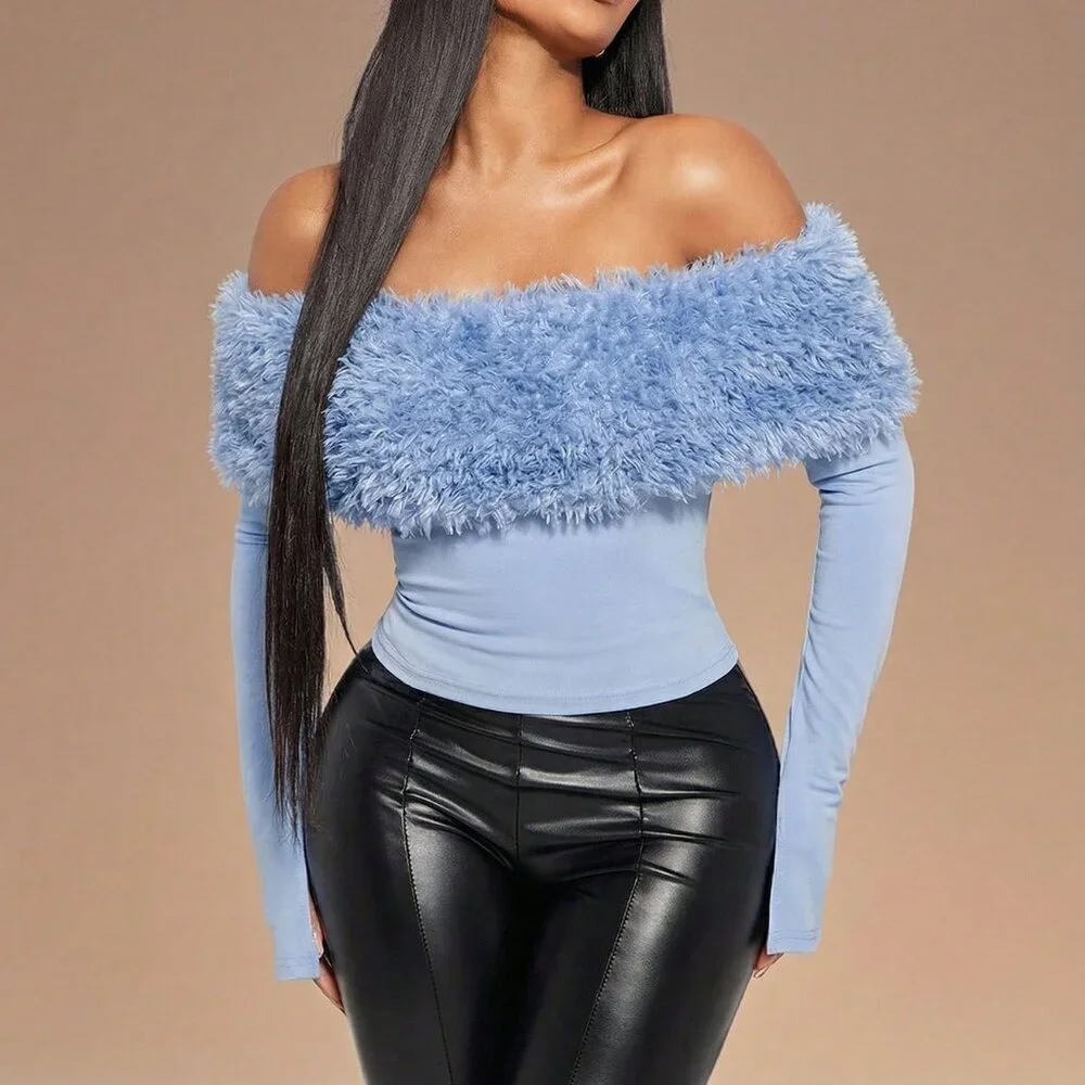 Dusty Blue Party Women's Y2k Top with Off-Shoulder Faux Fur Collar